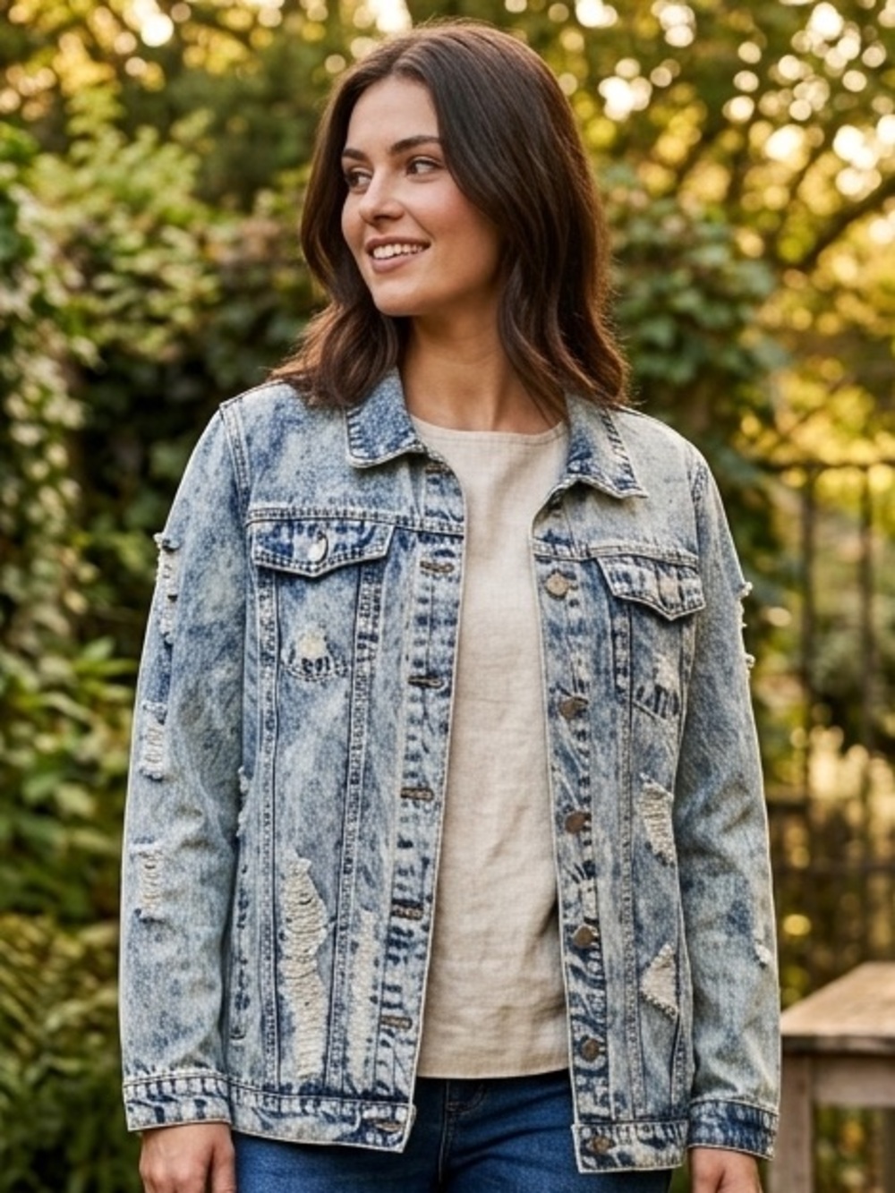 Fantastic Fawn Distressed Acid Wash Denim Jacket - Light Blue
